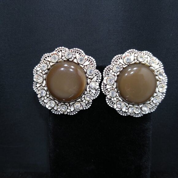 1950s Lucite Moonglow Clip Earrings Floral Rhinestone Large Vintage Jewelry - Picture 10 of 10